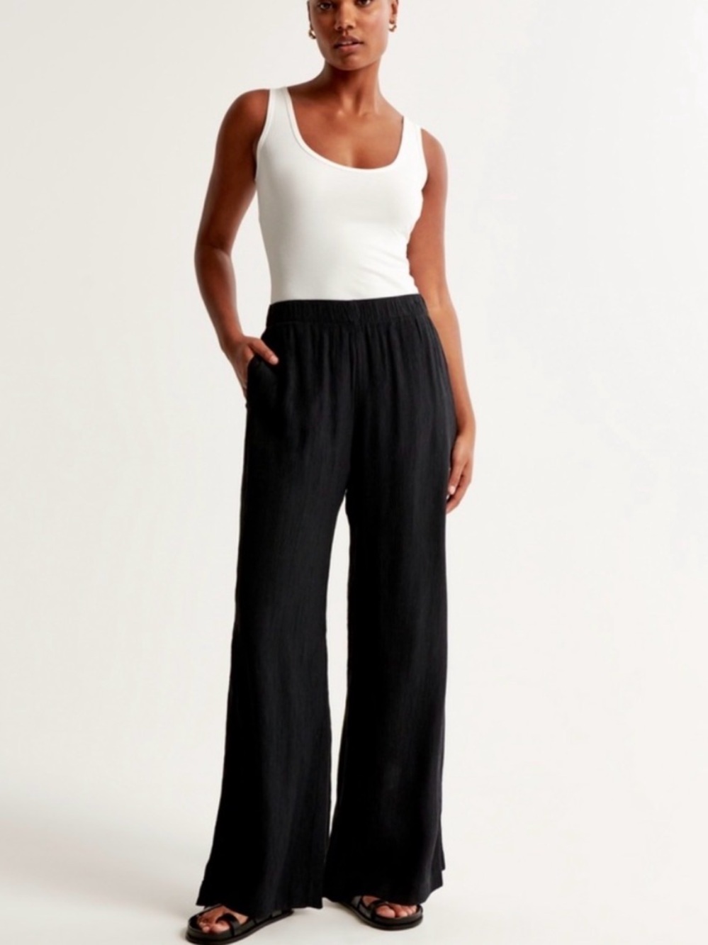 Abercrombie & Fitch Black Crinkle Wide-Leg Pull-On Pants
